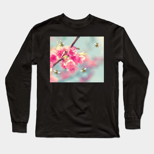 Cherry Blossoms and HoneyBees Long Sleeve T-Shirt by gillys